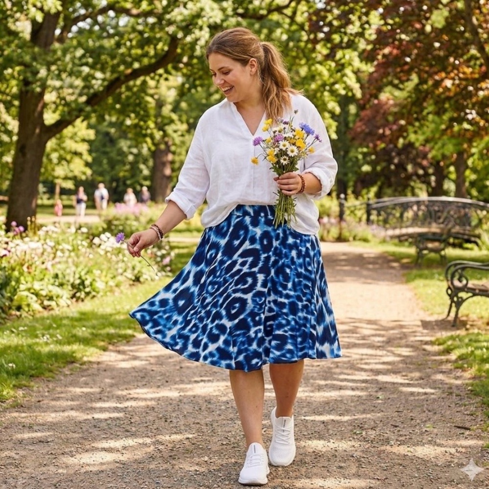 NWT Calvin Klein Blue Cheetah Print Watercolor Flowy A-Line Skirt size 16